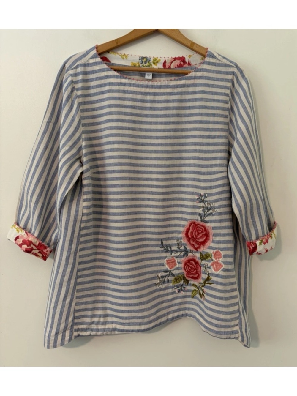 J. Jill Love Linen Embroidered Striped Floral Top Size L - Picture 5 of 13
